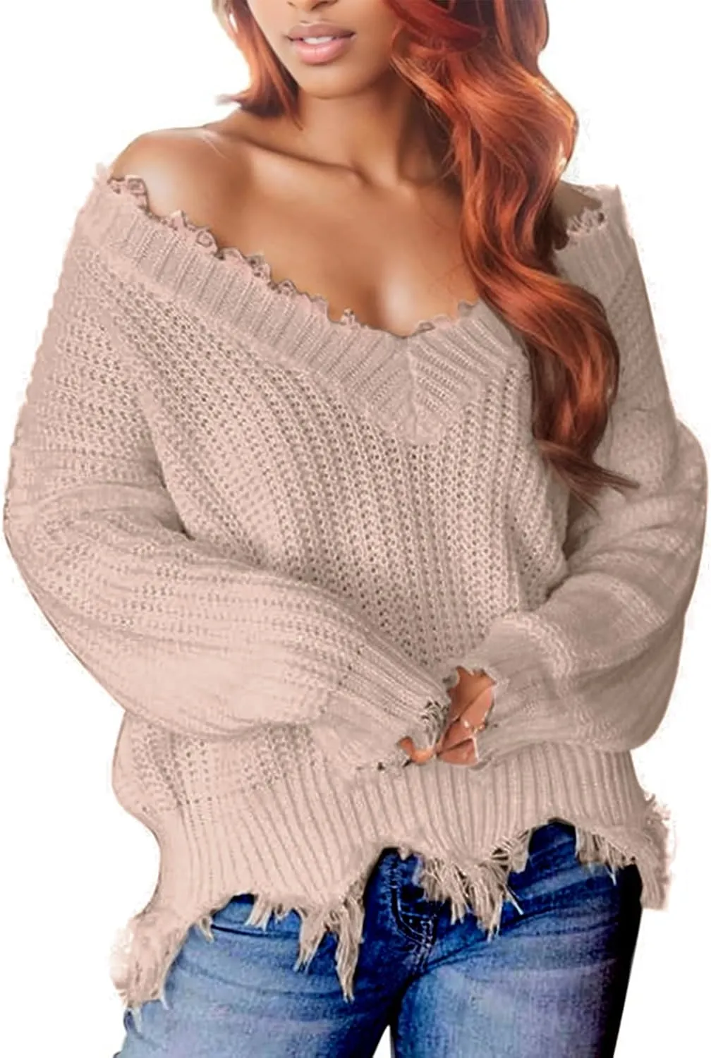 Women's V Neck Loose Knit Pullover Distressed Hem Off Shoulder Crop Sweater Solid Long Sleeve Top