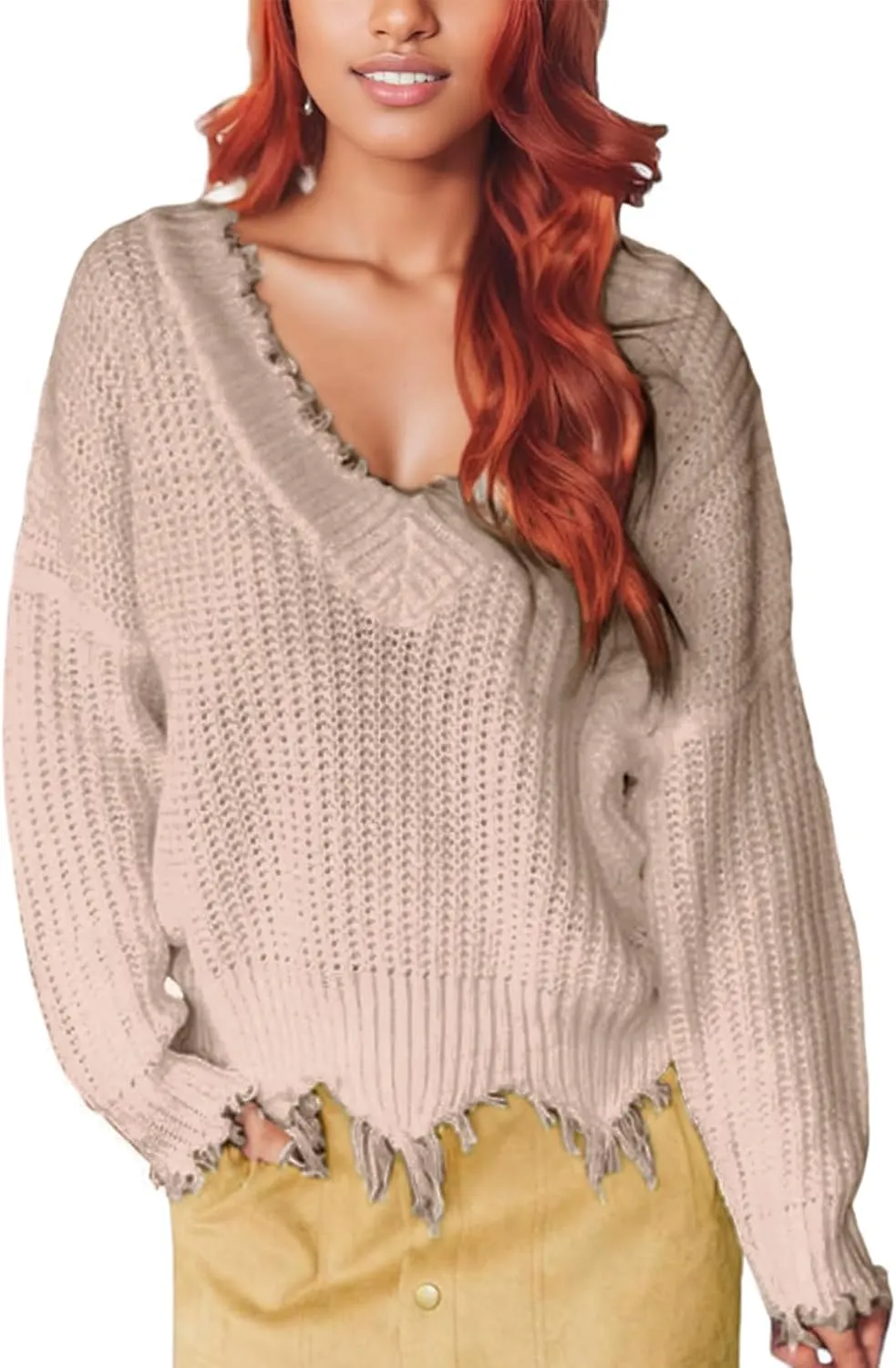 Women's V Neck Loose Knit Pullover Distressed Hem Off Shoulder Crop Sweater Solid Long Sleeve Top
