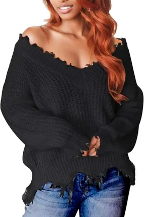 Women's V Neck Loose Knit Pullover Distressed Hem Off Shoulder Crop Sweater Solid Long Sleeve Top