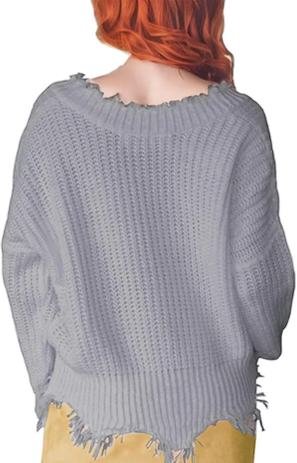 Women's V Neck Loose Knit Pullover Distressed Hem Off Shoulder Crop Sweater Solid Long Sleeve Top