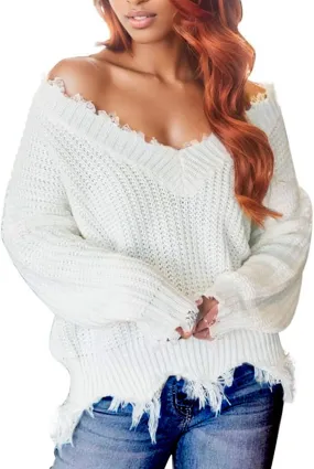 Women's V Neck Loose Knit Pullover Distressed Hem Off Shoulder Crop Sweater Solid Long Sleeve Top