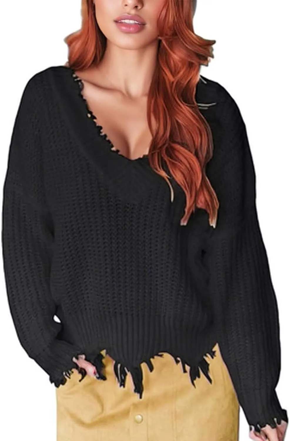 Women's V Neck Loose Knit Pullover Distressed Hem Off Shoulder Crop Sweater Solid Long Sleeve Top