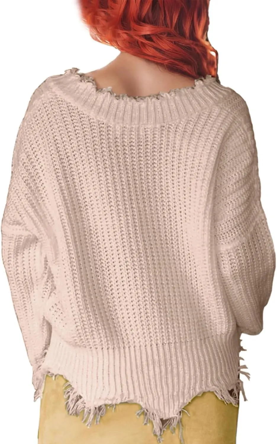 Women's V Neck Loose Knit Pullover Distressed Hem Off Shoulder Crop Sweater Solid Long Sleeve Top