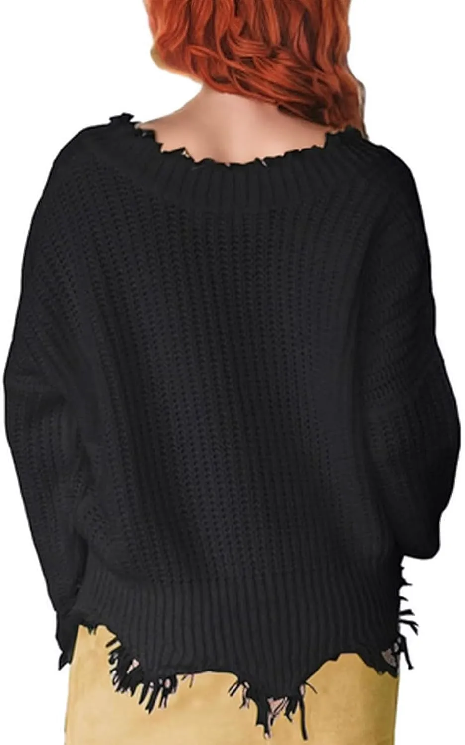 Women's V Neck Loose Knit Pullover Distressed Hem Off Shoulder Crop Sweater Solid Long Sleeve Top