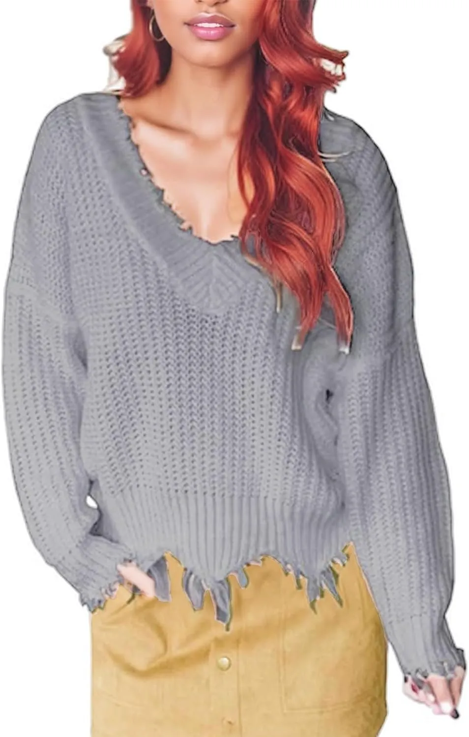 Women's V Neck Loose Knit Pullover Distressed Hem Off Shoulder Crop Sweater Solid Long Sleeve Top