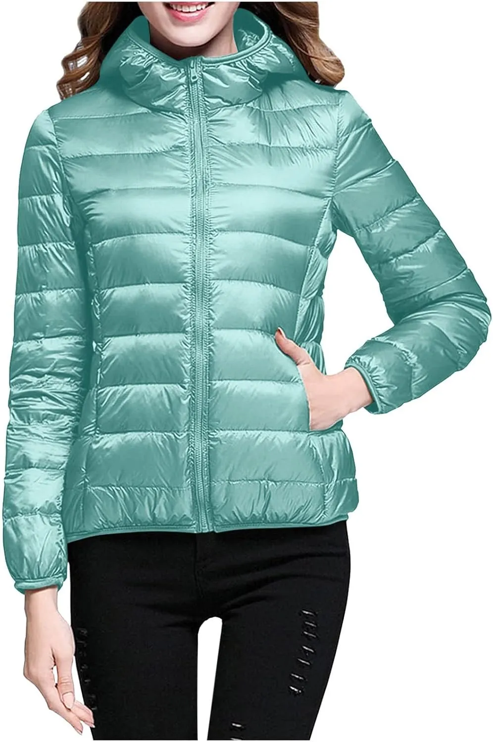 Womens Warm Lightweight Puffer Jacket 2024 Fashion Winter Coats Casual Full Zip Hooded Outwear 2024 Long Sleeve Coat